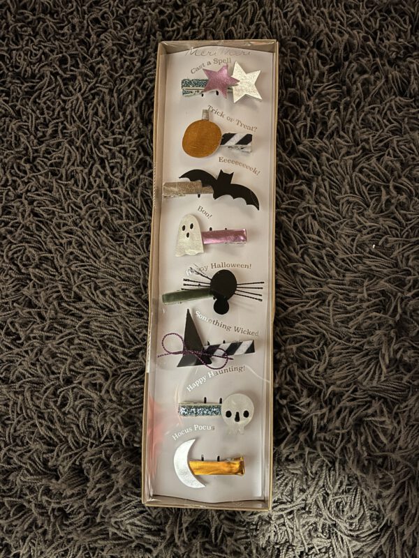 8 Haarclips Halloween - Meri Meri - Motive mit Fledermaus, Spinne, Geist, Hexenhut und mehr